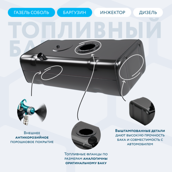 Бензобак 70 литров Газель (Соболь, Баргузин) инжектор / дизель АНТИКОР